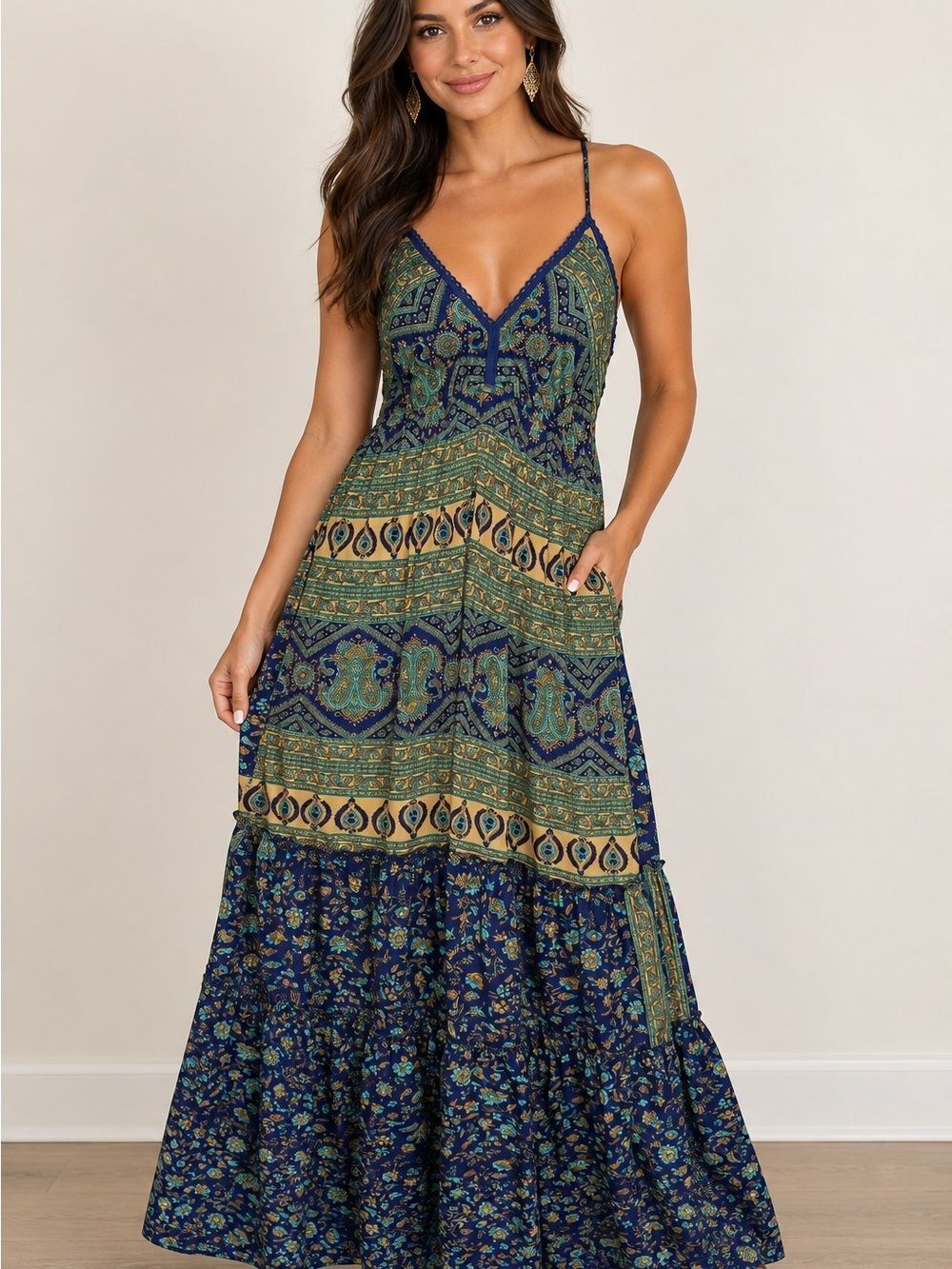 RAGA Tiered Maxi Dress Women’s Small Navy & Green Bohemian !